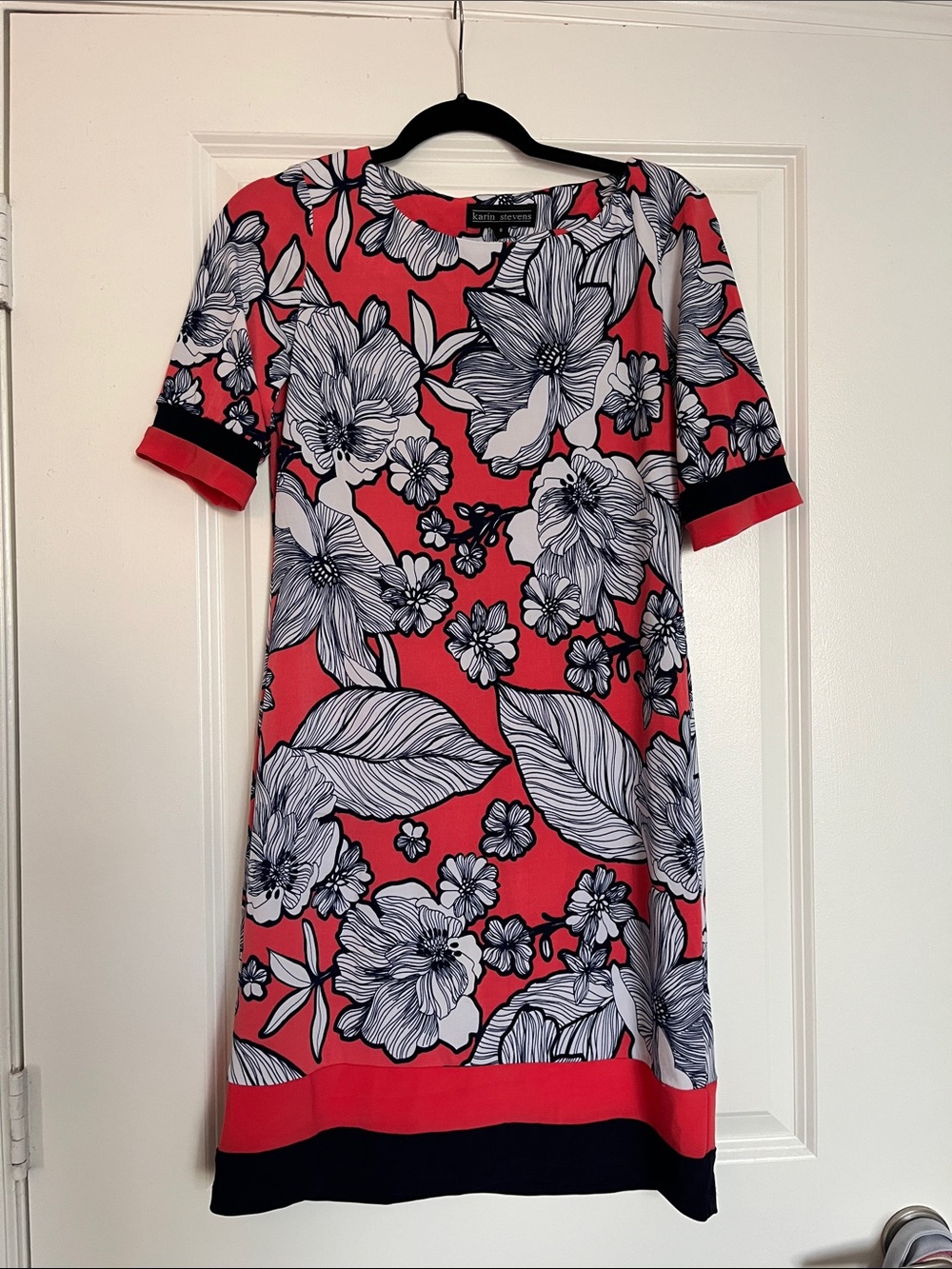 Coral Midi Dress with Navy & White Floral Print